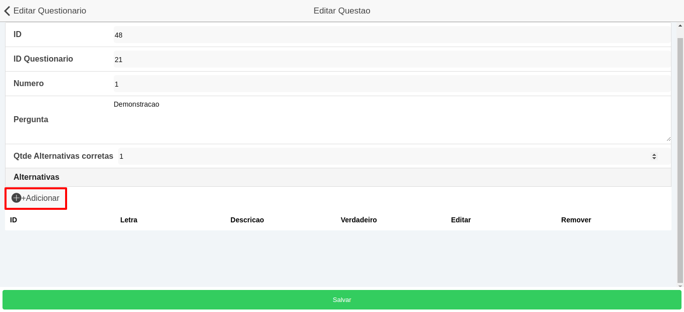 Botão Adicionar alternativa