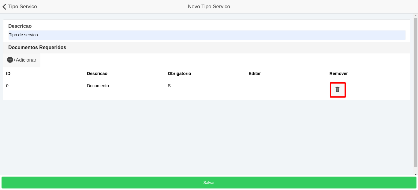 Botão remover documento