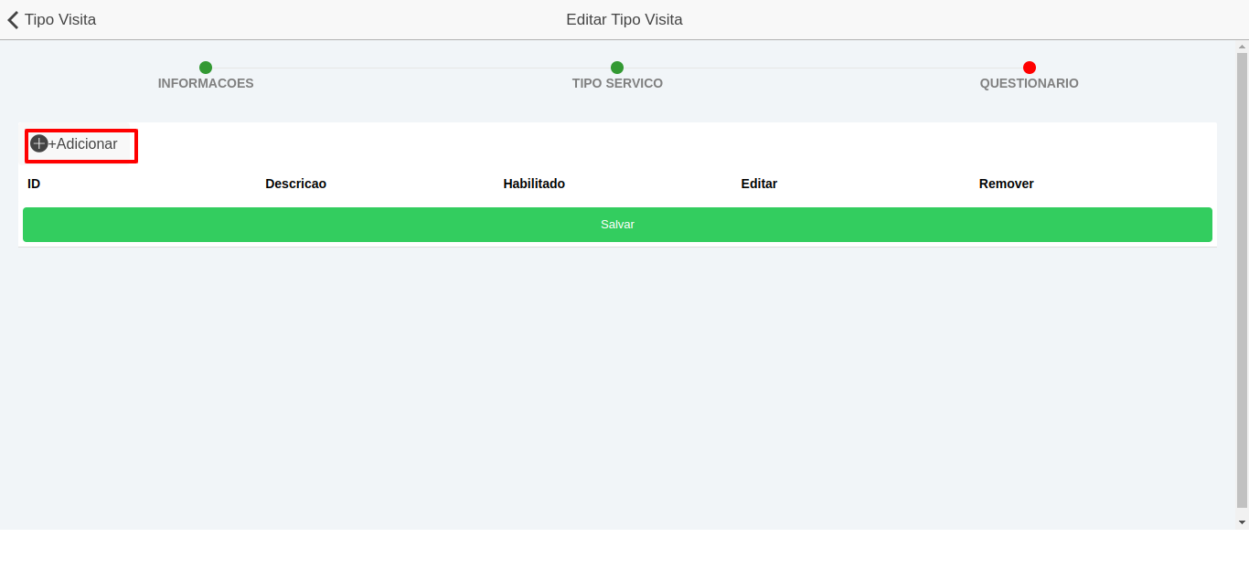 Botão adicionar questionário