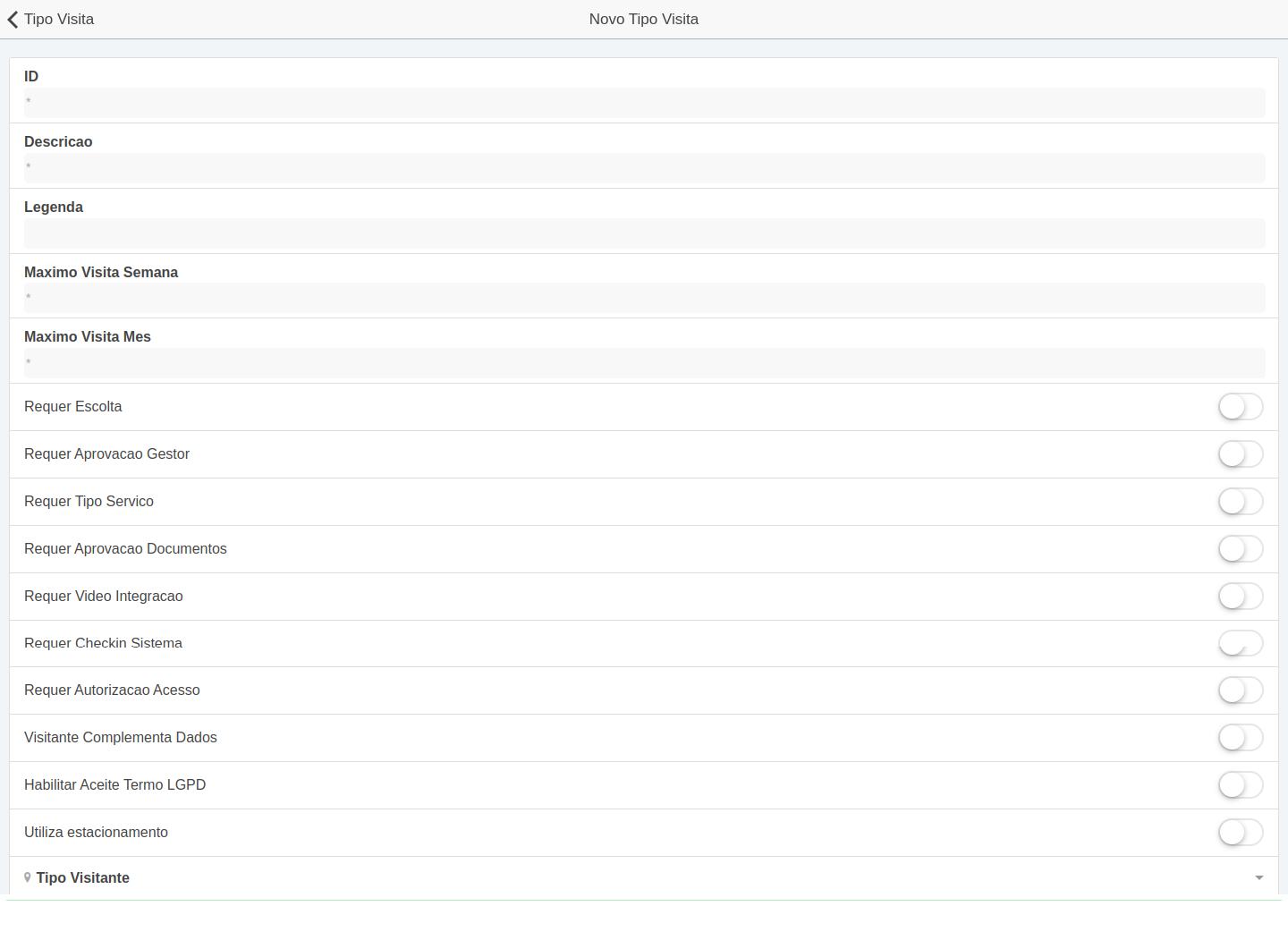 Campos adicionar Tipo de visita