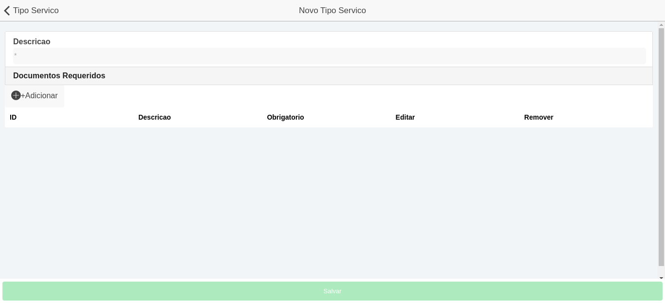 Campos Adicionar tipo de serviço