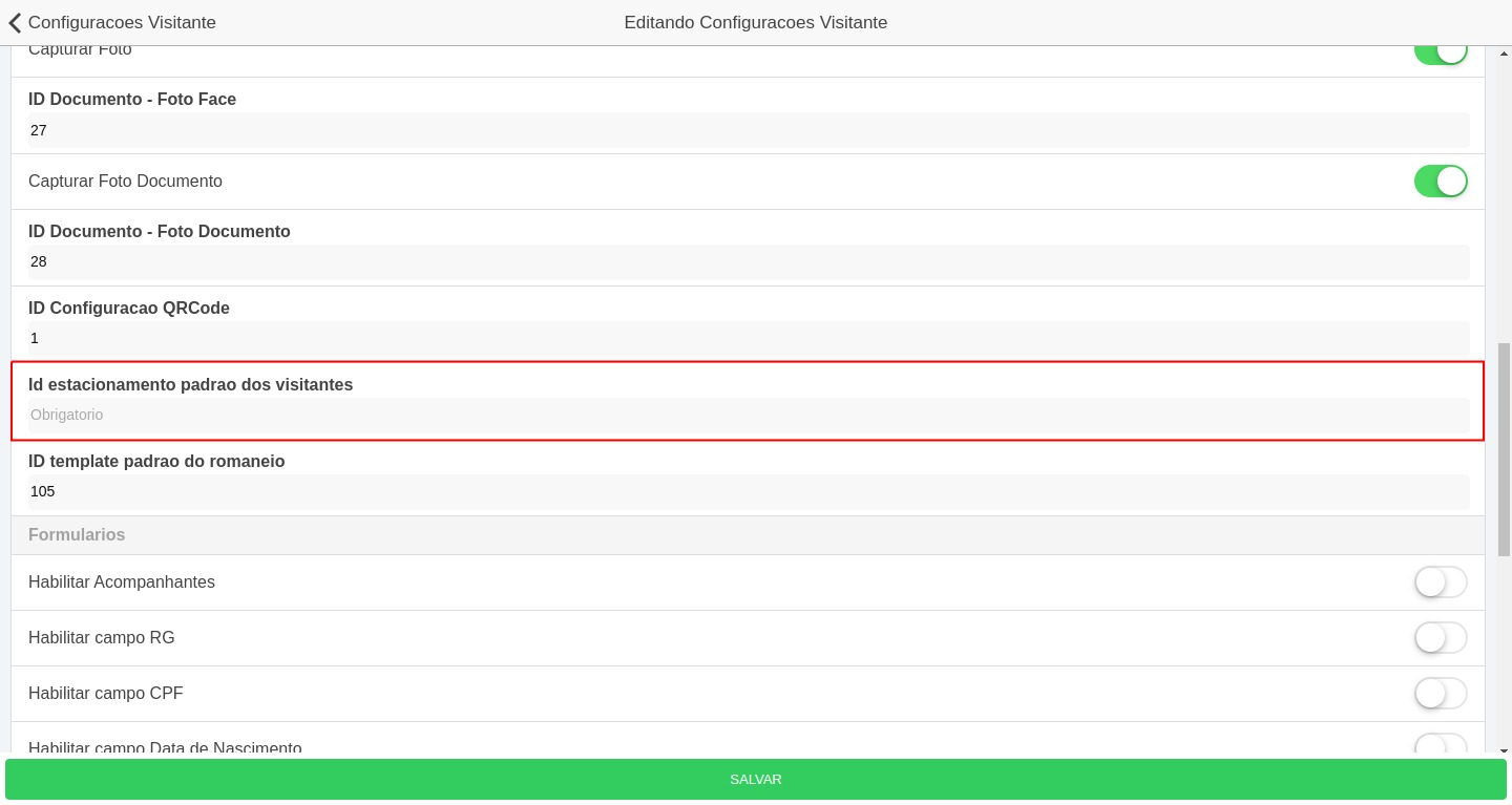 Configurações visitante