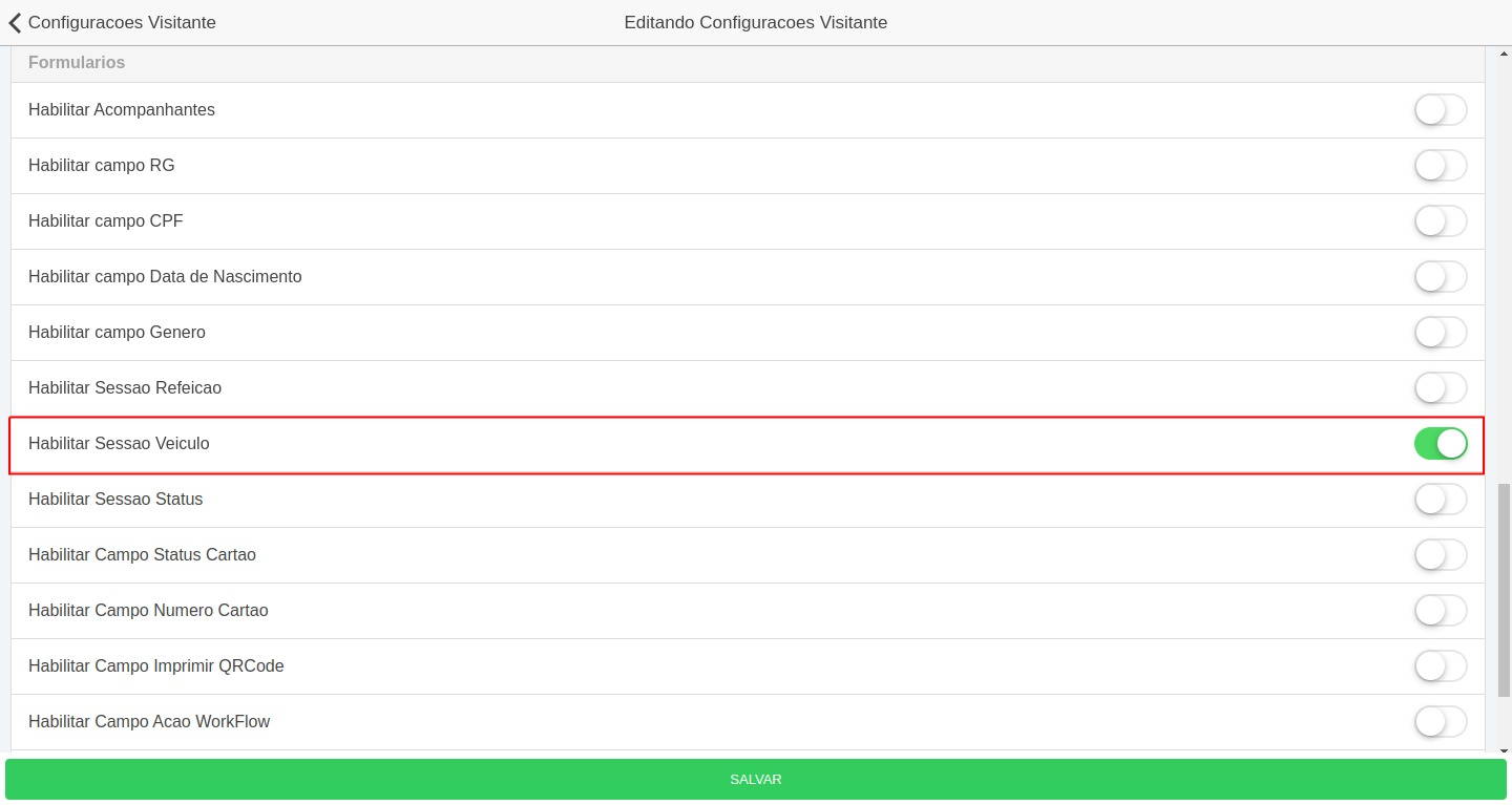 Habilitar sessão veículo