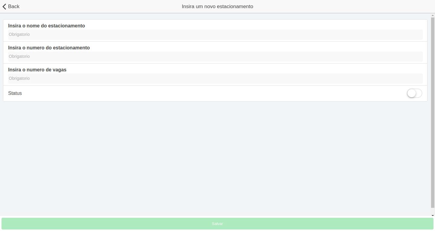 Tela Inserir Estacionamento
