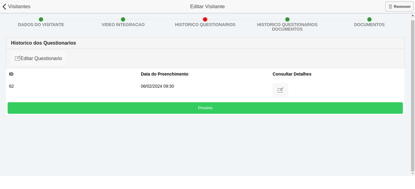 Histórico questionário vídeo de integração